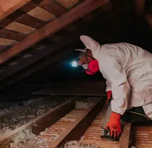 Workers cleaning and organizing a cluttered attic.