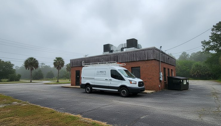 Wide-angle view of a service van parked beside a small commercial building with rooftop HVAC equipment.