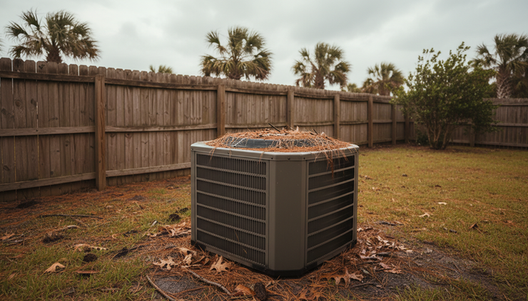 Wide-angle view of pine needles and leaves around an outdoor HVAC unit after a storm.
