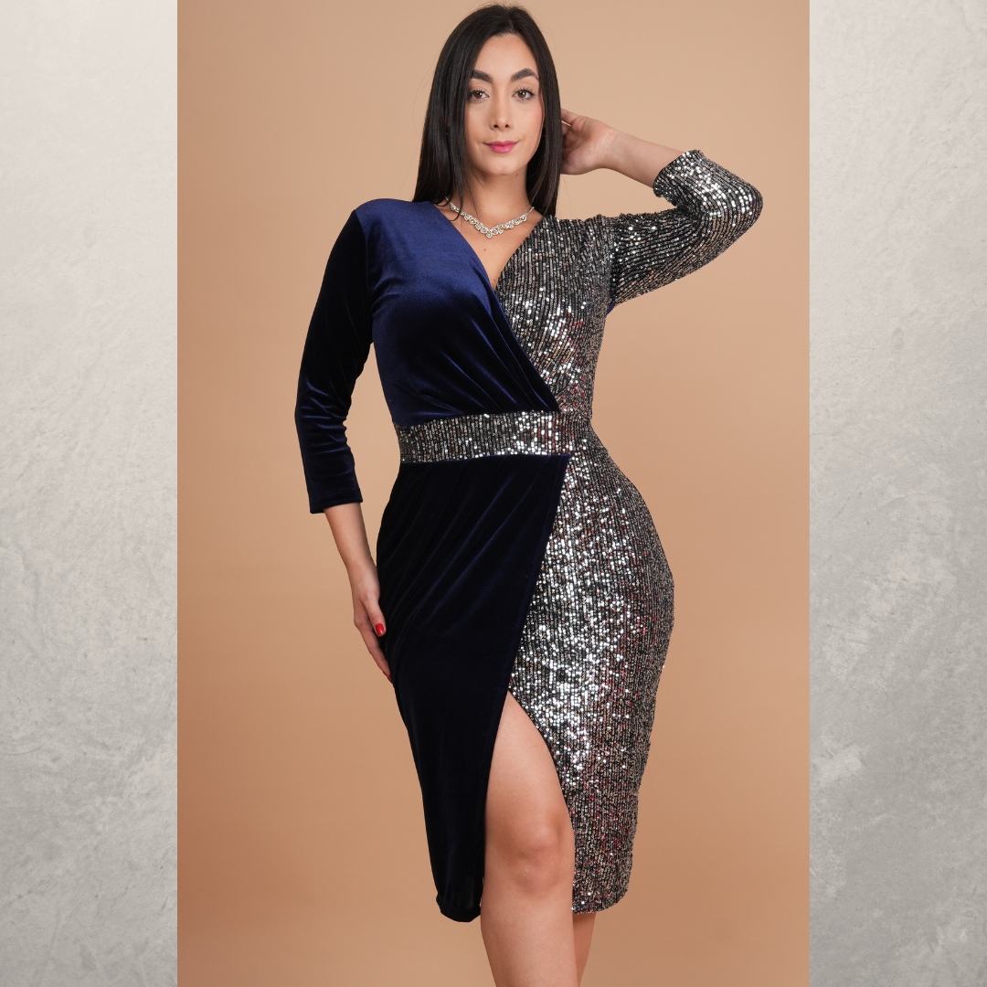 VESTIDO VASINISA DRAPEADO C/ESCOTE V C/LENTEJUELAS