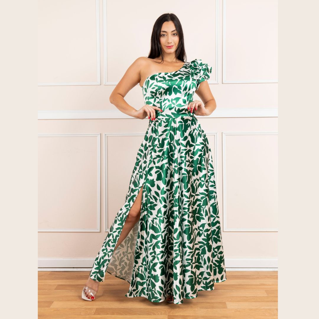 VESTIDO ROSMERY ASIMETRICO C/BOBOS C/ABERTURA C/CIERRE ESPALDA