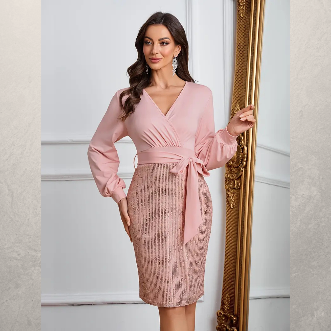 VESTIDO MABILIA CORTE TUBO CRUZADO C/PRETINA C/LAZO C/PUÑO