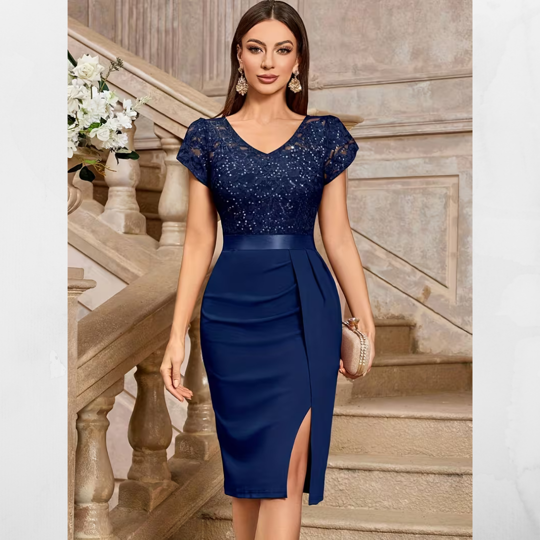 VESTIDO BELINA CORTE TUBO C/ESCOTE V C/PRETINA DRAPEADO