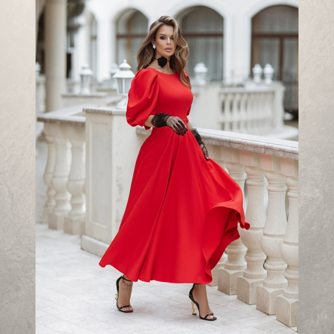 VESTIDO MARCELA C/ESCOTE BARCO C/MANGAS ABULLONADAS C/PRETINA