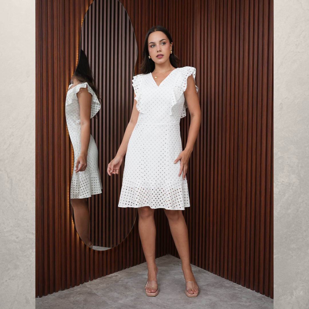 VESTIDO VALDERINE C/ESCOTE V C/OLANES C/CIERRE EN ESPALDA