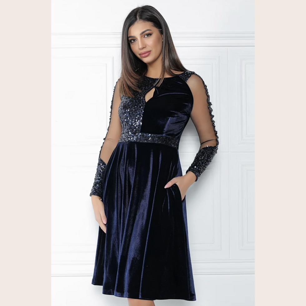 Miniatura: VESTIDO JERENI C/MANGAS C/TULL C/FALDA CIRCULAR C/LENTEJUELAS