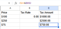spreadsheet with $B$2 locked reference highlighted in the formula bar, column B showing calculated tax amounts