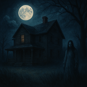 Spooky scene with a ghostly figure in front of an old house under a full moon. Eerie, mysterious mood with dark tones and glowing windows.