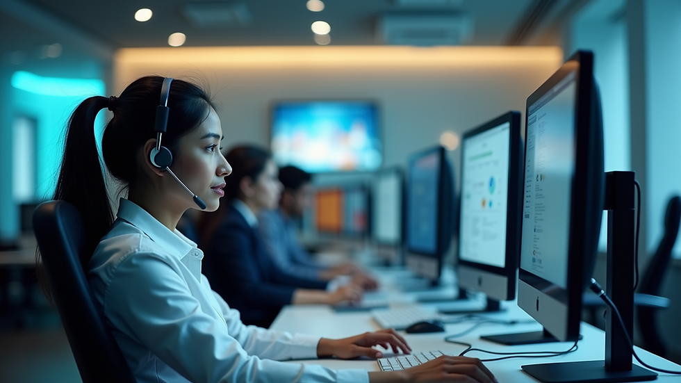 Eye-level view of a modern Indian call center with AI-powered customer service tools