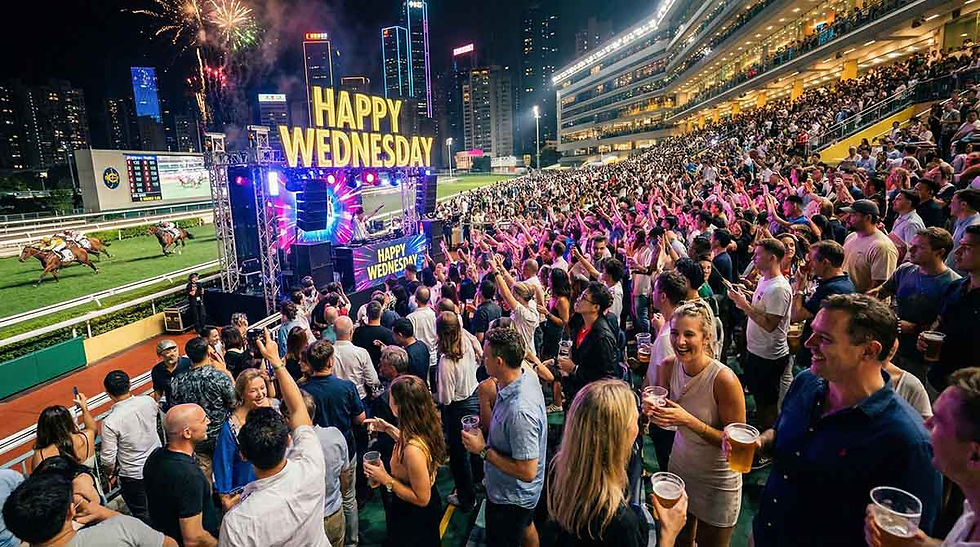 Happy Wednesday Hong Kong crowd at Happy Valley Racecourse during night racing with live music, free events atmosphere and social nightlife energy.