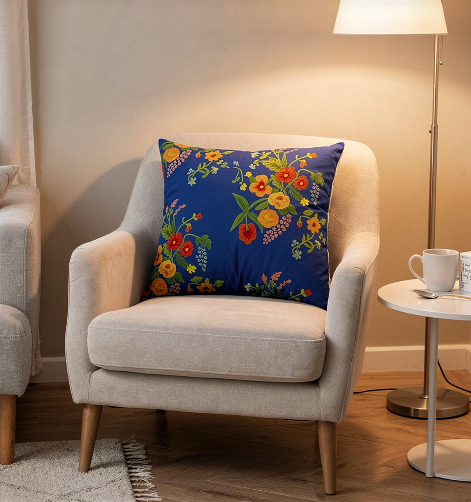 18 x 18 pillow Whimsical Wildflower-dk Blue