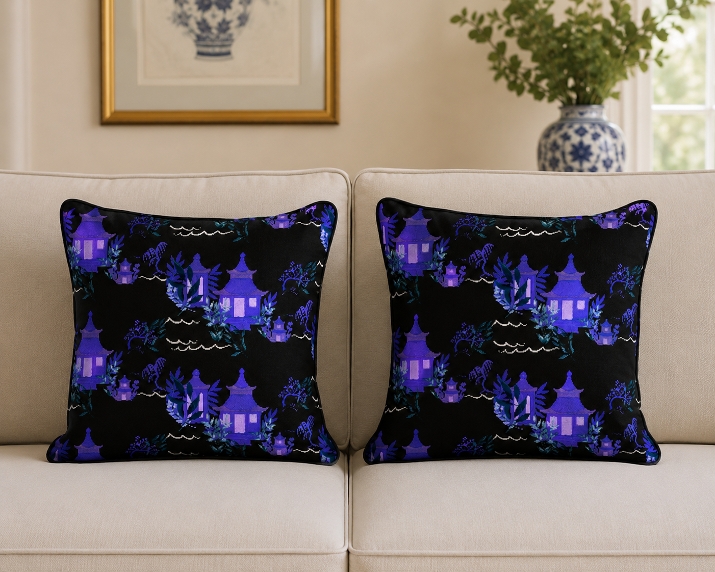 20 x 20 pillow in "Pippa's Pagoda"