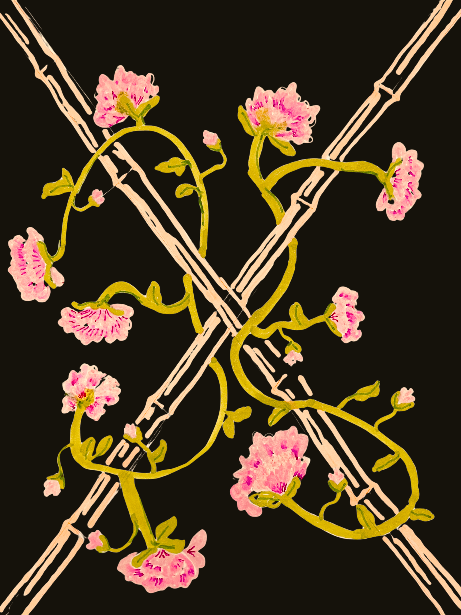 "Blooms and bamboo"fabric-black