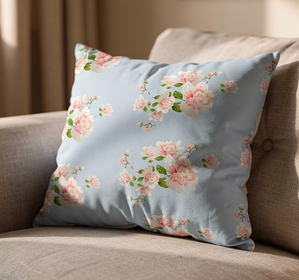 Peony party in light blue 18 x 18 pillow
