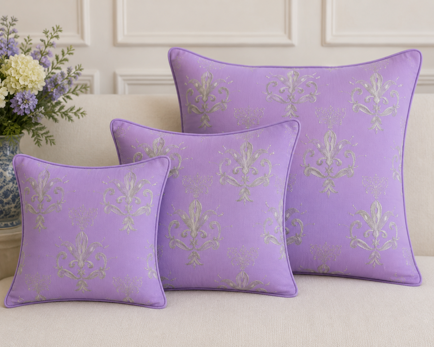 "Versailles" pillows in Stone on lavender
