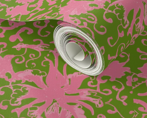 Tea caddy chaos wallpaper- dark green and pink