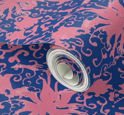 Tea caddy chaos wallpaper- dk blue and pink