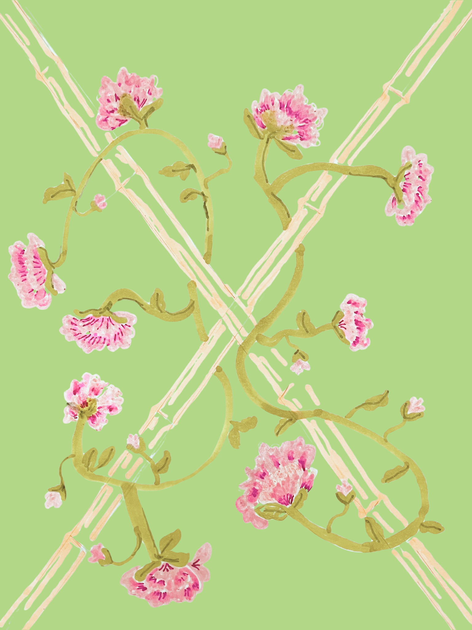 "Blooms and bamboo"fabric-lt green