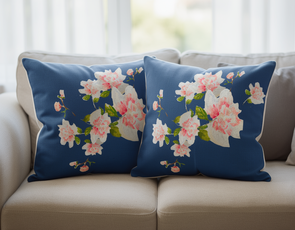 Peony party in dark blue 26 x 26 pillow