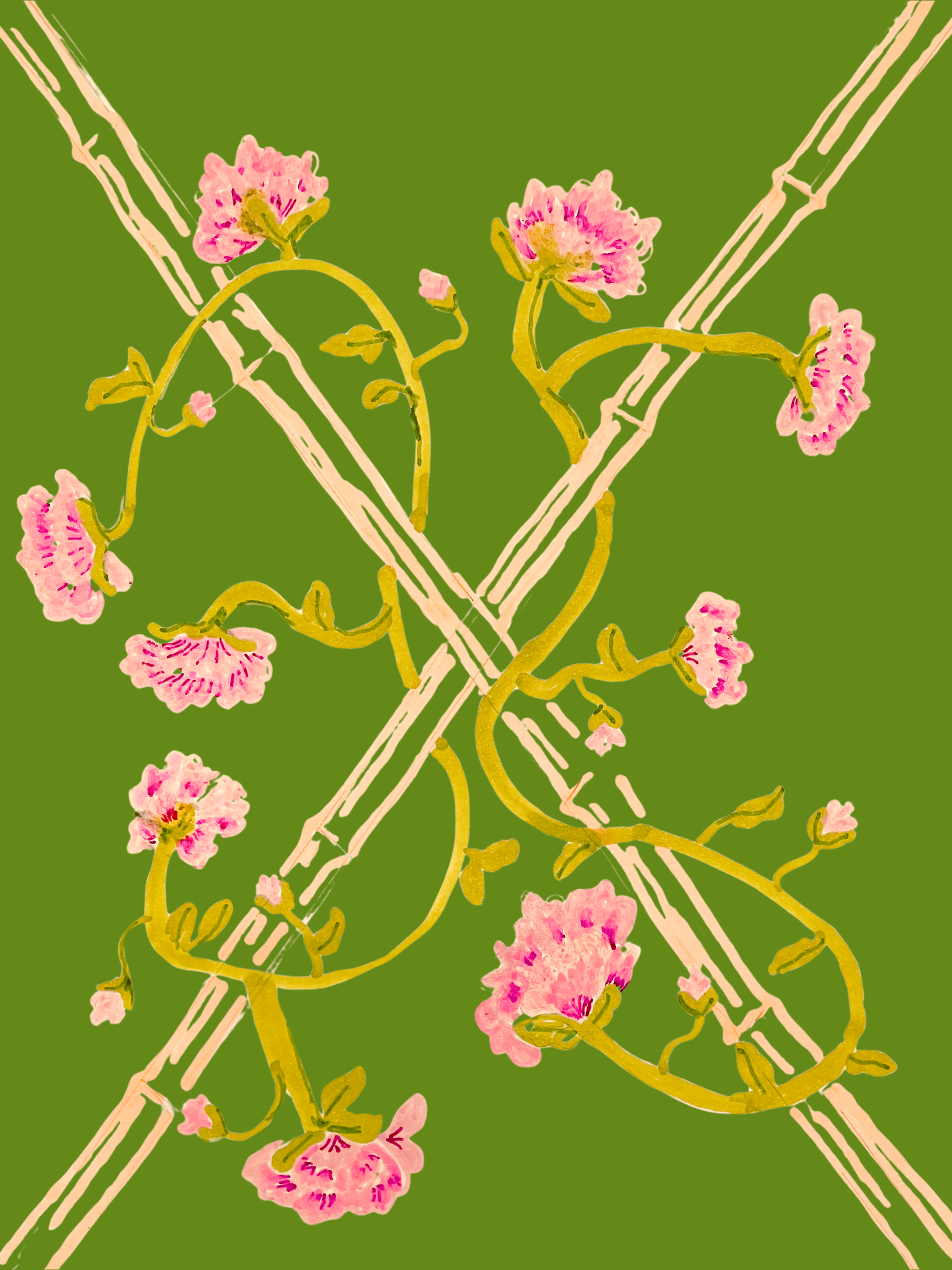 "Blooms and bamboo"fabric-dk green