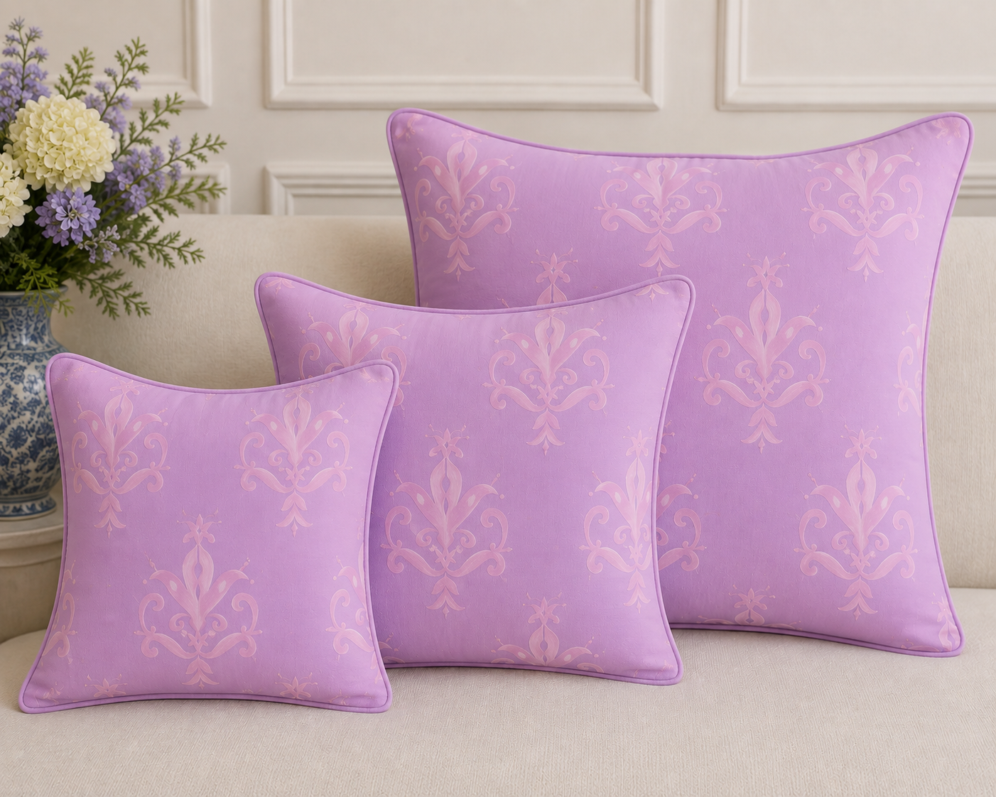 "Versailles" pillows in Cassis on pink