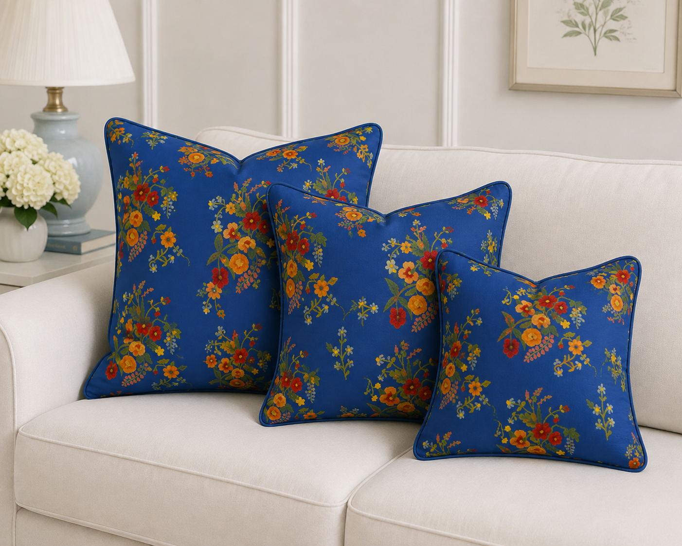 Pillows in "Whimsical Wildflowers" dk blue