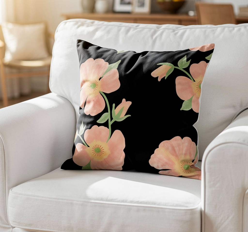 18 x 18 inch pillow Flirty Flowers-black