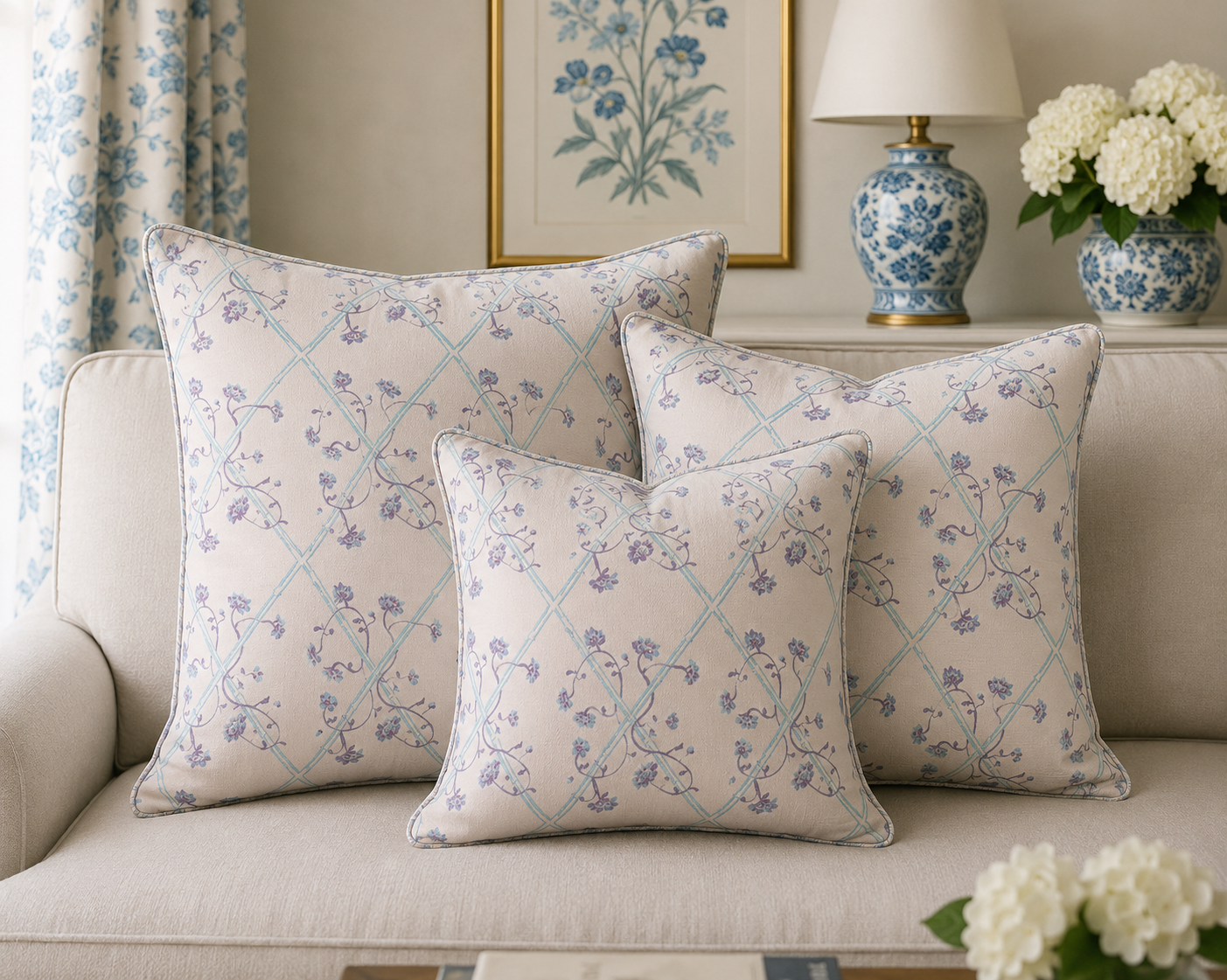 Pillows in "Blooms and Bamboo" -pink