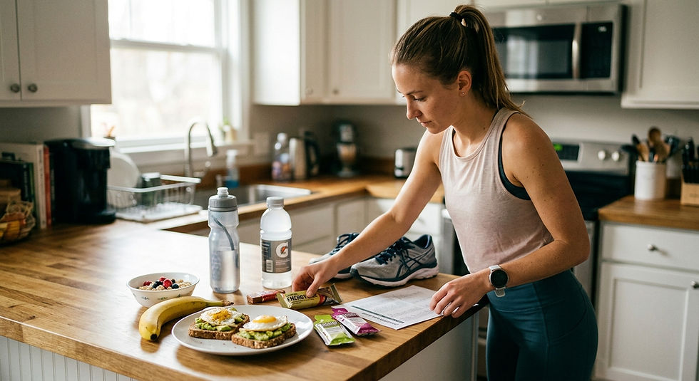 Woman in a bright kitchen arranges bananas, toast, ENERGY bars and water bottles beside running shoes and a workout checklist.