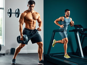 a body builder lifting weight and another body builder running on a treadmill