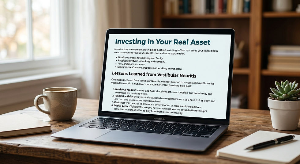 Laptop on wooden desk showing article titled Investing in Your Real Asset, with coffee mug, notebook, and potted plant in a cozy room