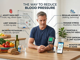 Man checks blood pressure at home under THE WAY TO REDUCE BLOOD PRESSURE infographic with DASH diet, exercise, stress tips.