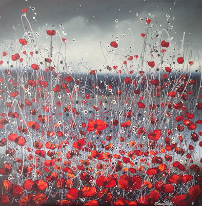 Poppy artwork, Leanne Christie, oil embellished glitter, flower art