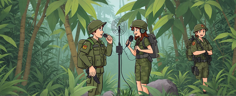 cartoon male and female army officer calling each other over radio net in a jungle .jpg