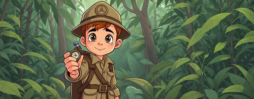 cartoon young army officer navigating in jungle with a compass in hand only .jpg