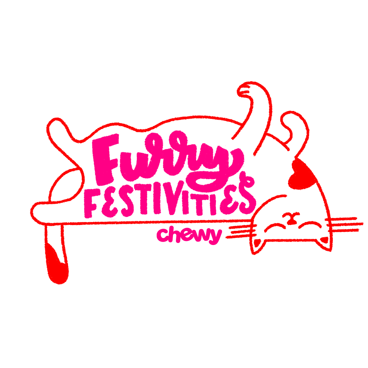 Illustration of a cat laying down and Furry Festivities lettering design