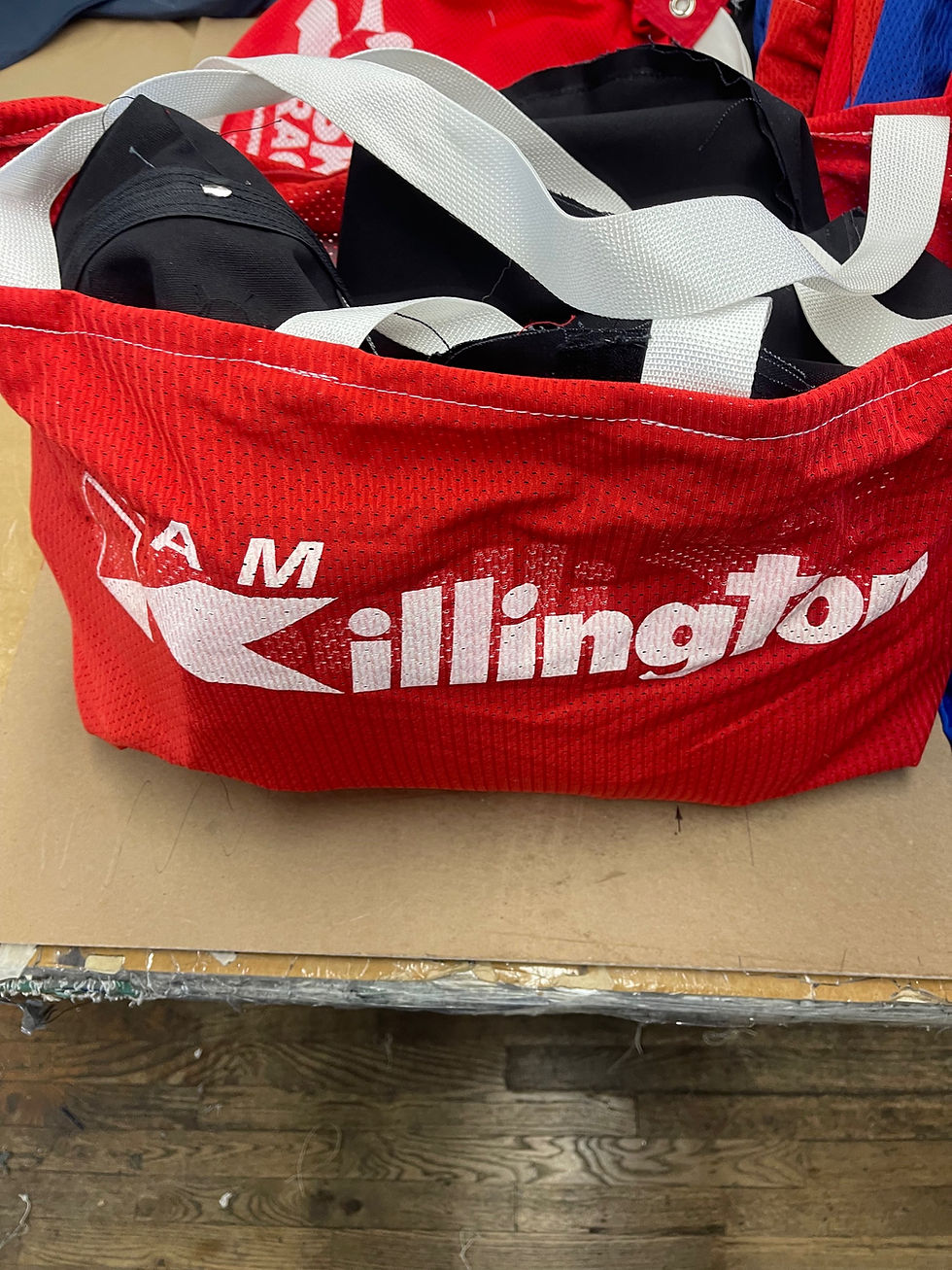 Thumbnail: Killington ski gates made into open tote bags. One side is blue the other is red
