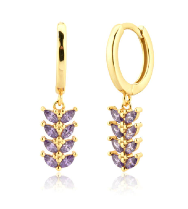 Purple Leaf Drop Gold Huggie Hoops