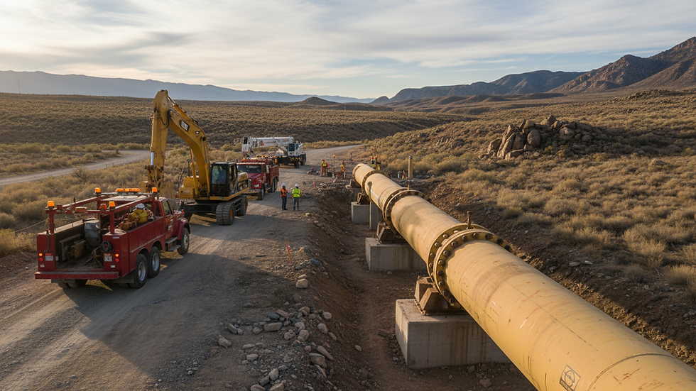 Eye-level view of a gas pipeline with service vehicles nearby