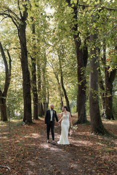 Brautpaar läuft auch Baumallee