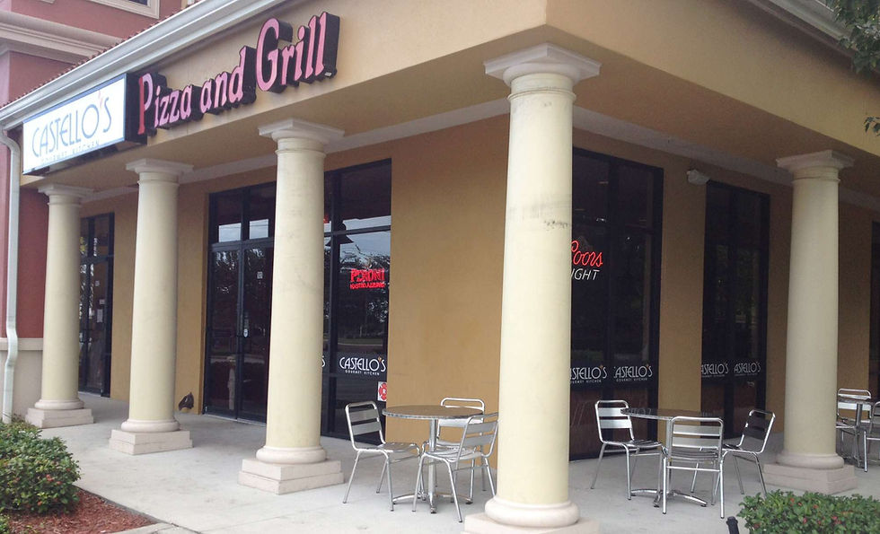 Castello's Pizza Gourmet Kitchen | Clermont exterior features a tan building with several off-white columns flanking the entrance, outdoor seating, and the restaurant's name displayed prominently on a sign above the door.