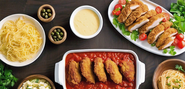 Assorted Italian catering dishes from Castello’s Pizza, featuring crispy chicken over spaghetti, chicken in marinara sauce, fresh pasta, caprese salad, and vegetable sides arranged on a wooden table