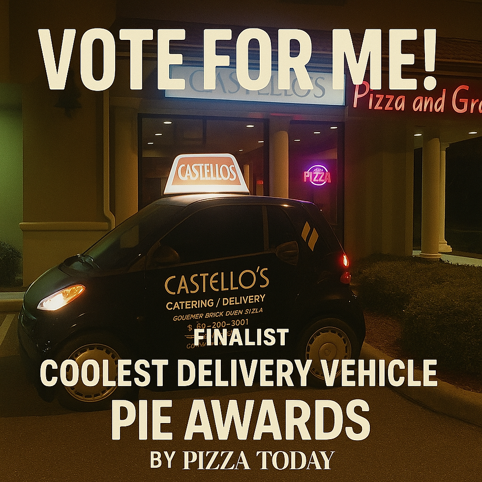 The image is an advertisement featuring a black Smart car promoting Castello's pizza restaurant as a finalist for the "Coolest Delivery Vehicle" award. The image encourages viewers to "VOTE FOR ME!" with the pizza shop and the restaurant's name illuminated in the background.
