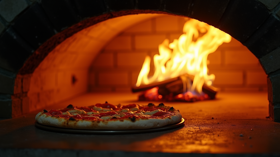 Eye-level view of a wood-fired pizza oven with flames inside