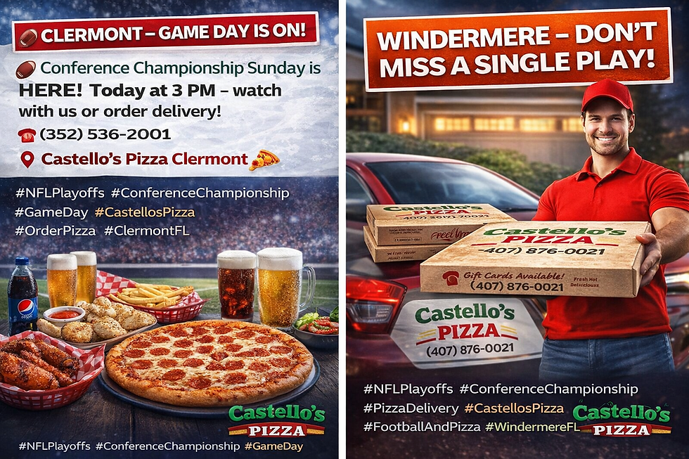This advertisement promotes Castello's Pizza for the Conference Championship game day, offering a celebratory feast for fans. The left side displays food in Clermont for watching the game, while the right side highlights pizza delivery services for Windermere.