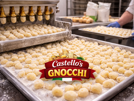 This image displays a large-scale production of gnocchi, featuring countless rows of freshly formed pasta pieces on trays, with a portion of the manufacturing machinery visible. The scene highlights the meticulous process involved in creating Castello's Gnocchi.
