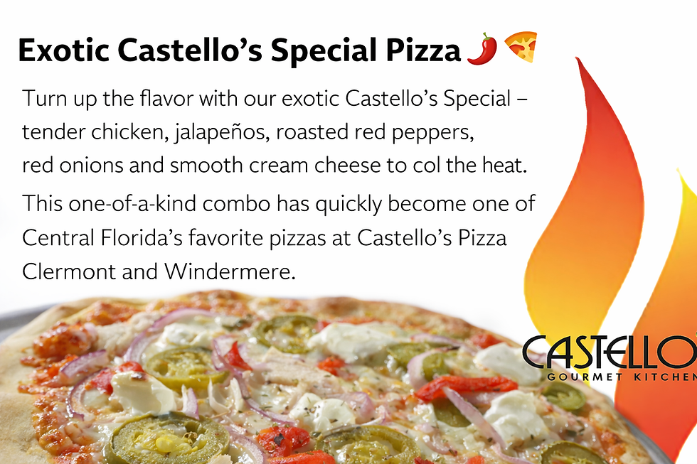 Castello's Special Pizza" with appetizing toppings. It's an advertisement featuring the pizza, along with text describing its ingredients