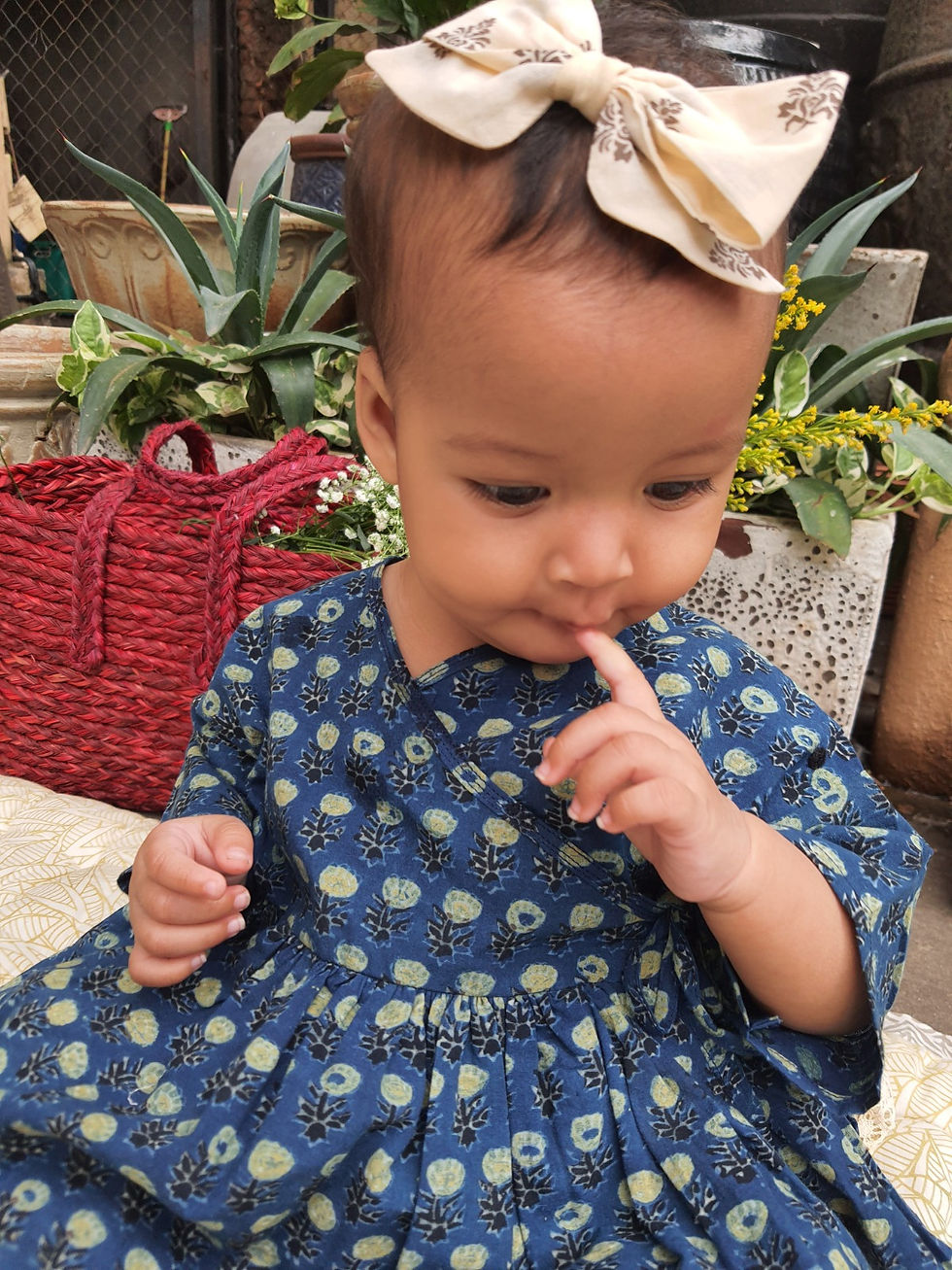 Thumbnail: Girls Blue Ajrakh Print Angarkaha With Cream Salwar Pant