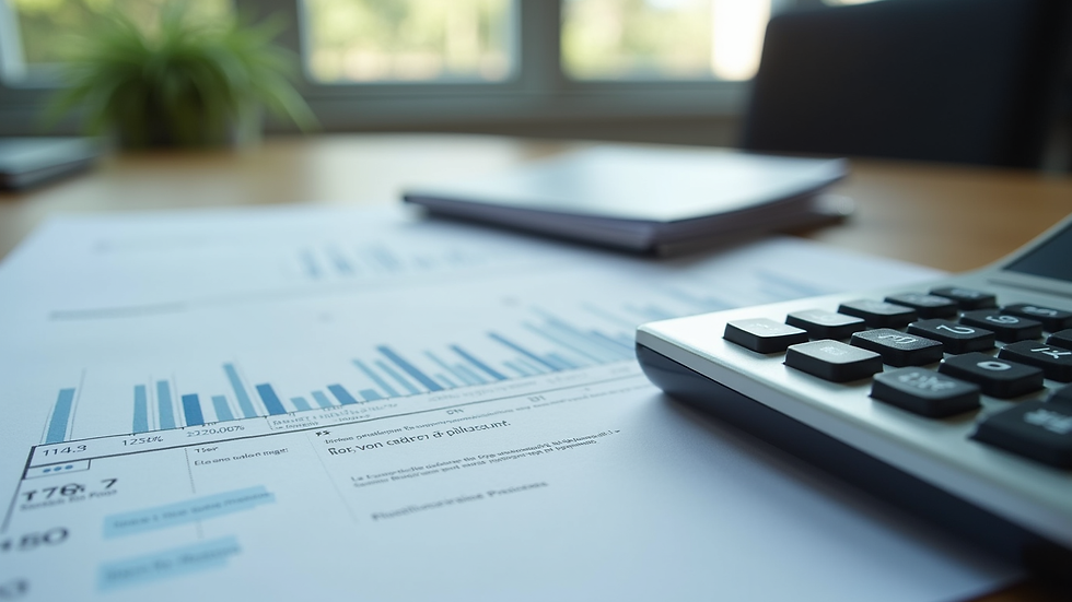 Close-up view of a calculator and financial documents on a desk