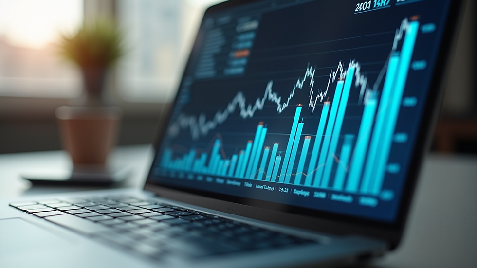 Eye-level view of a laptop displaying financial charts on a desk